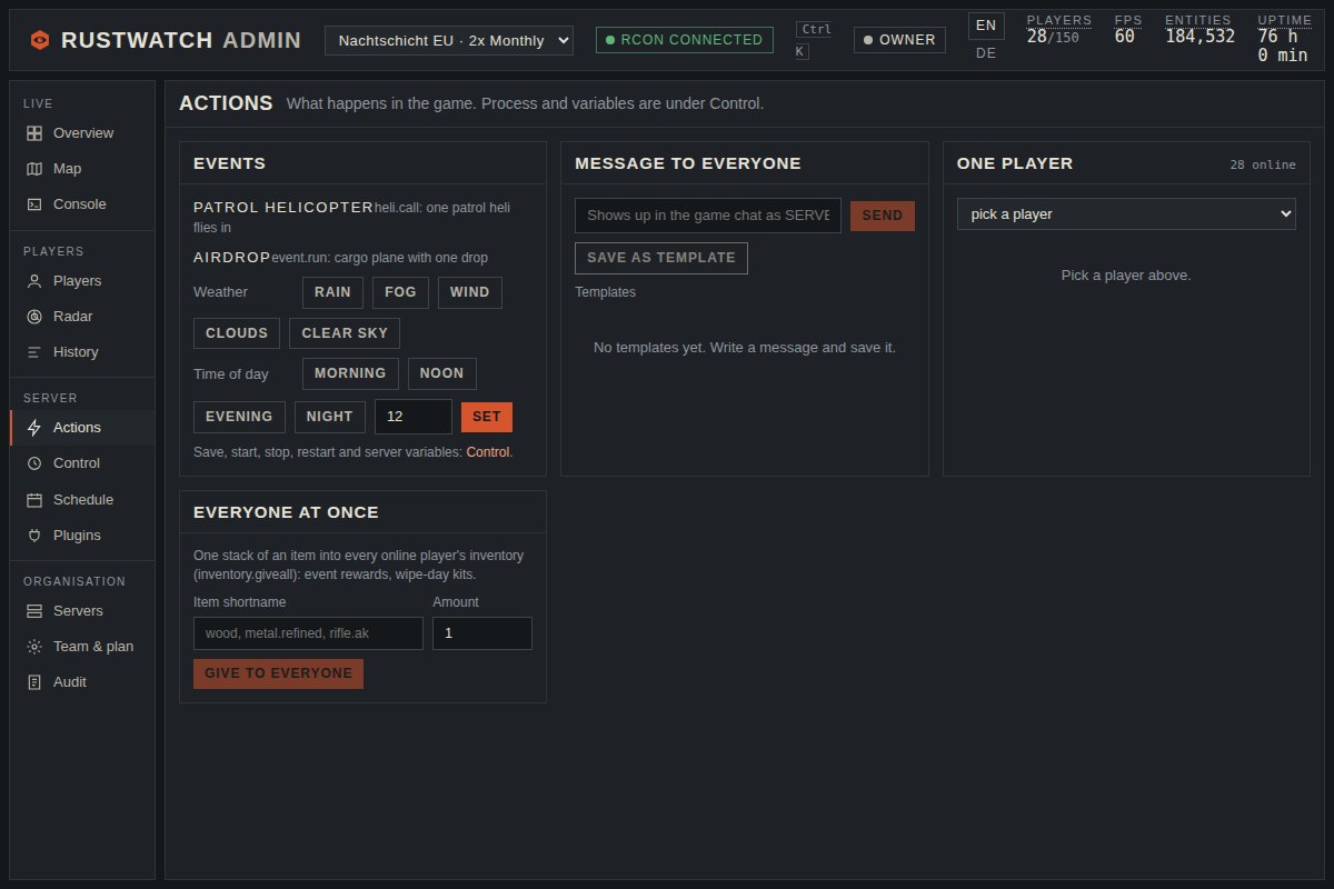 Actions page with events, weather, time, one player and everyone at once