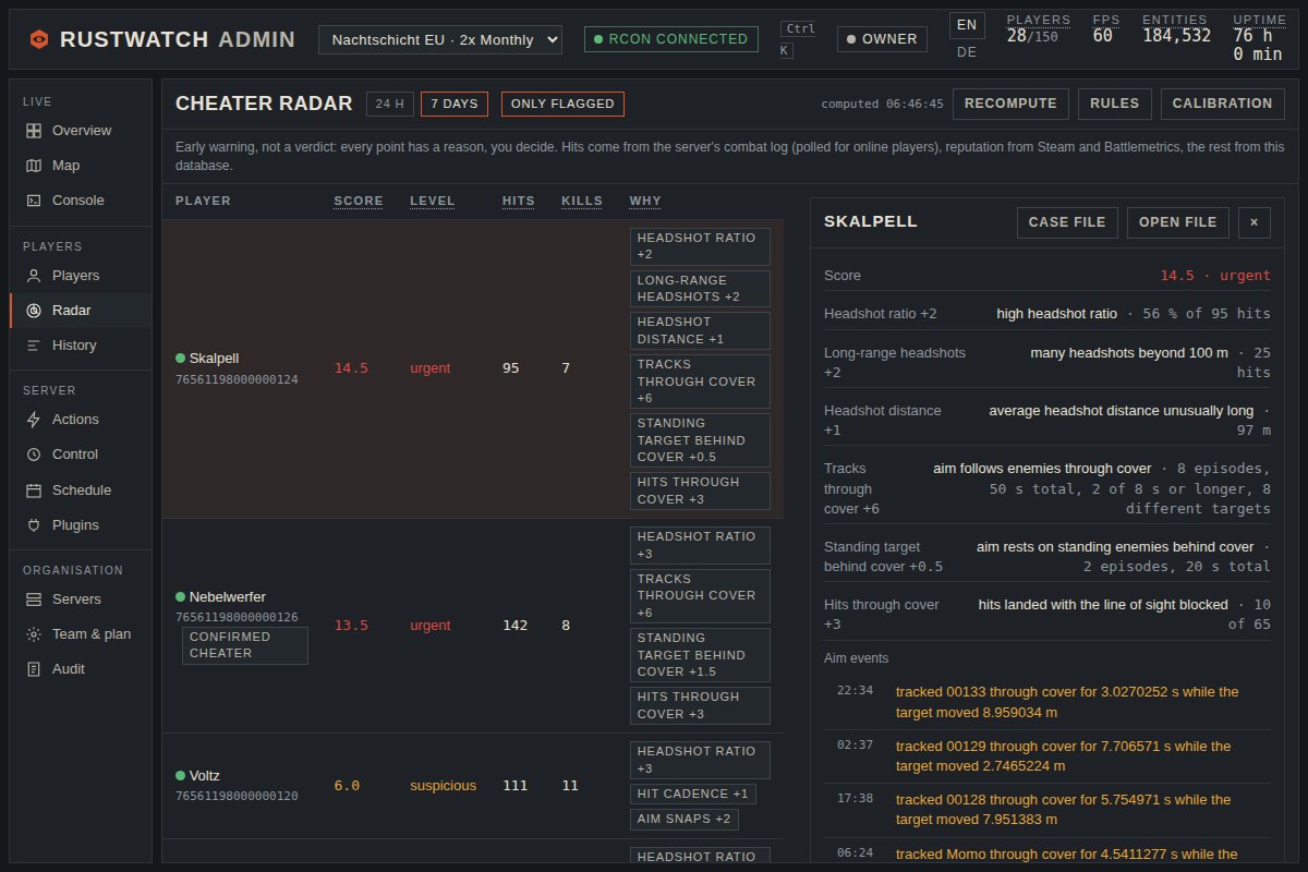 The radar table with a flagged player opened: every point with its reason