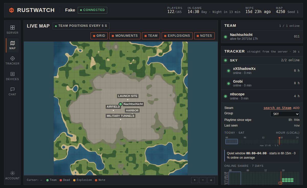 Live map with team positions, tracker and activity heat map